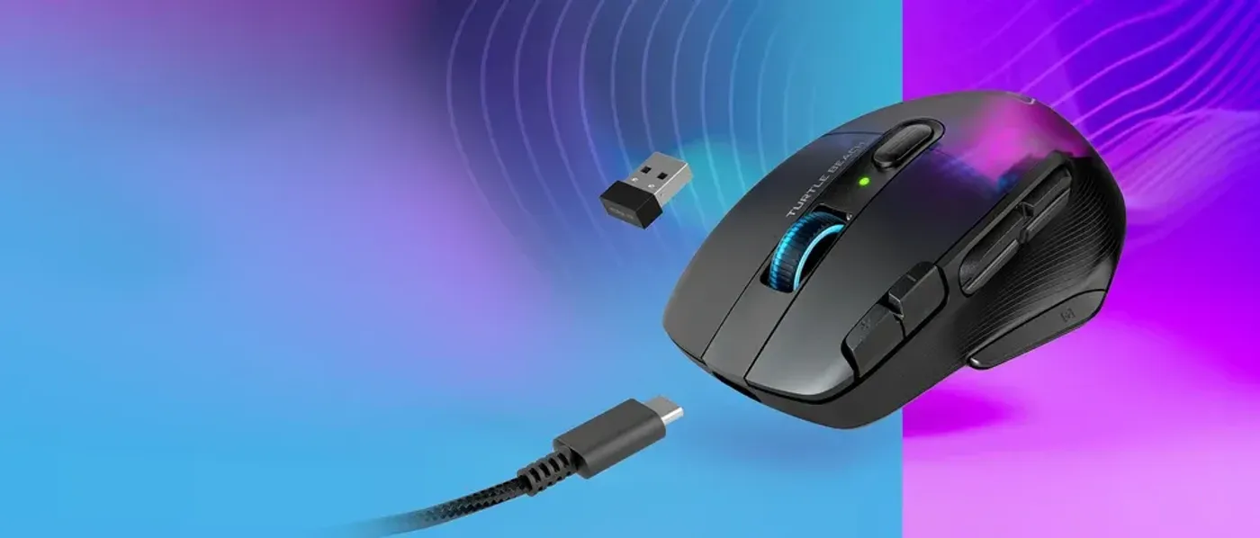 Kone XP Air mouse with USB receiver and USB-C cable demonstrating connection methods