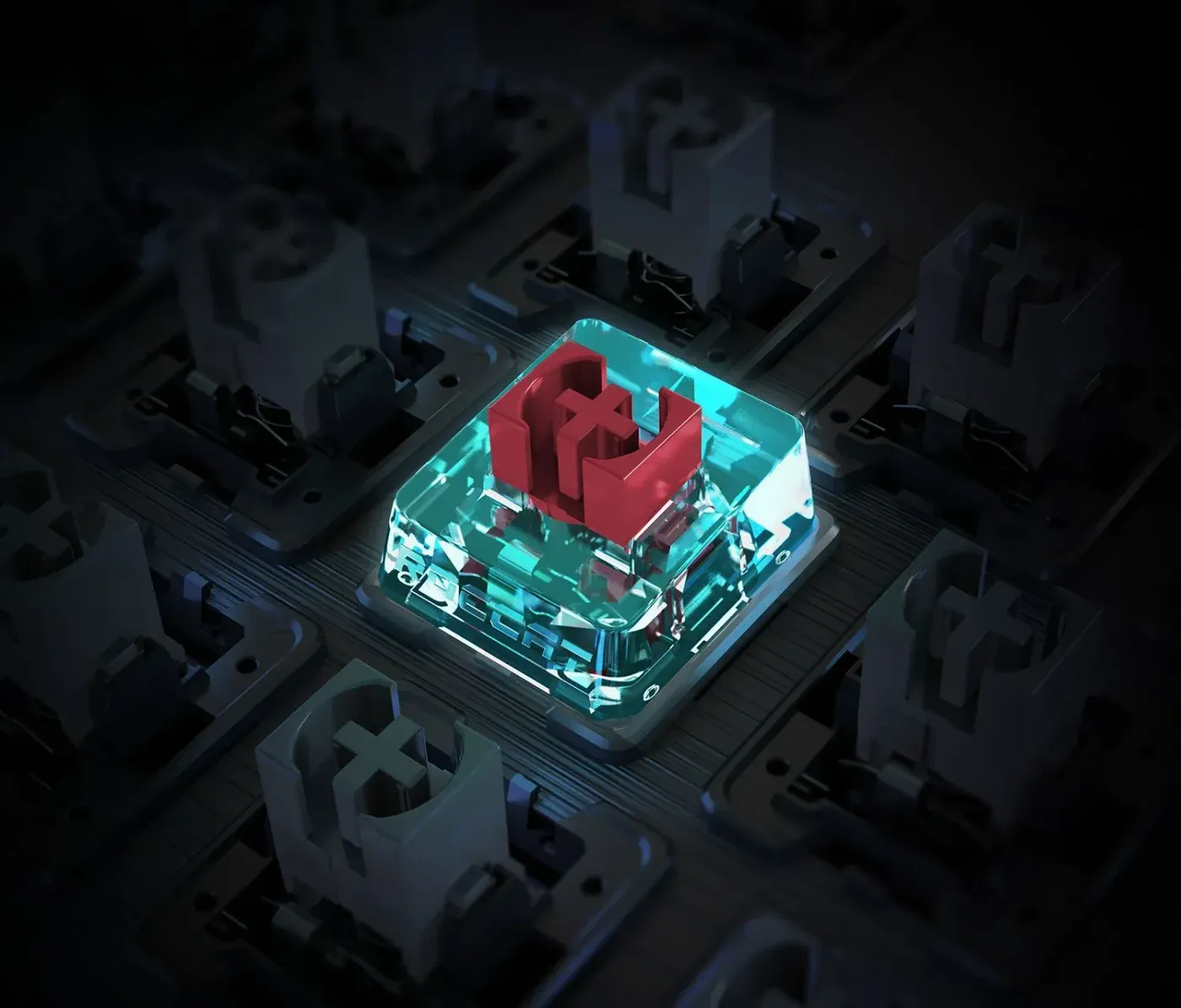 Close-up of mechanical keyboard switch with transparent casing