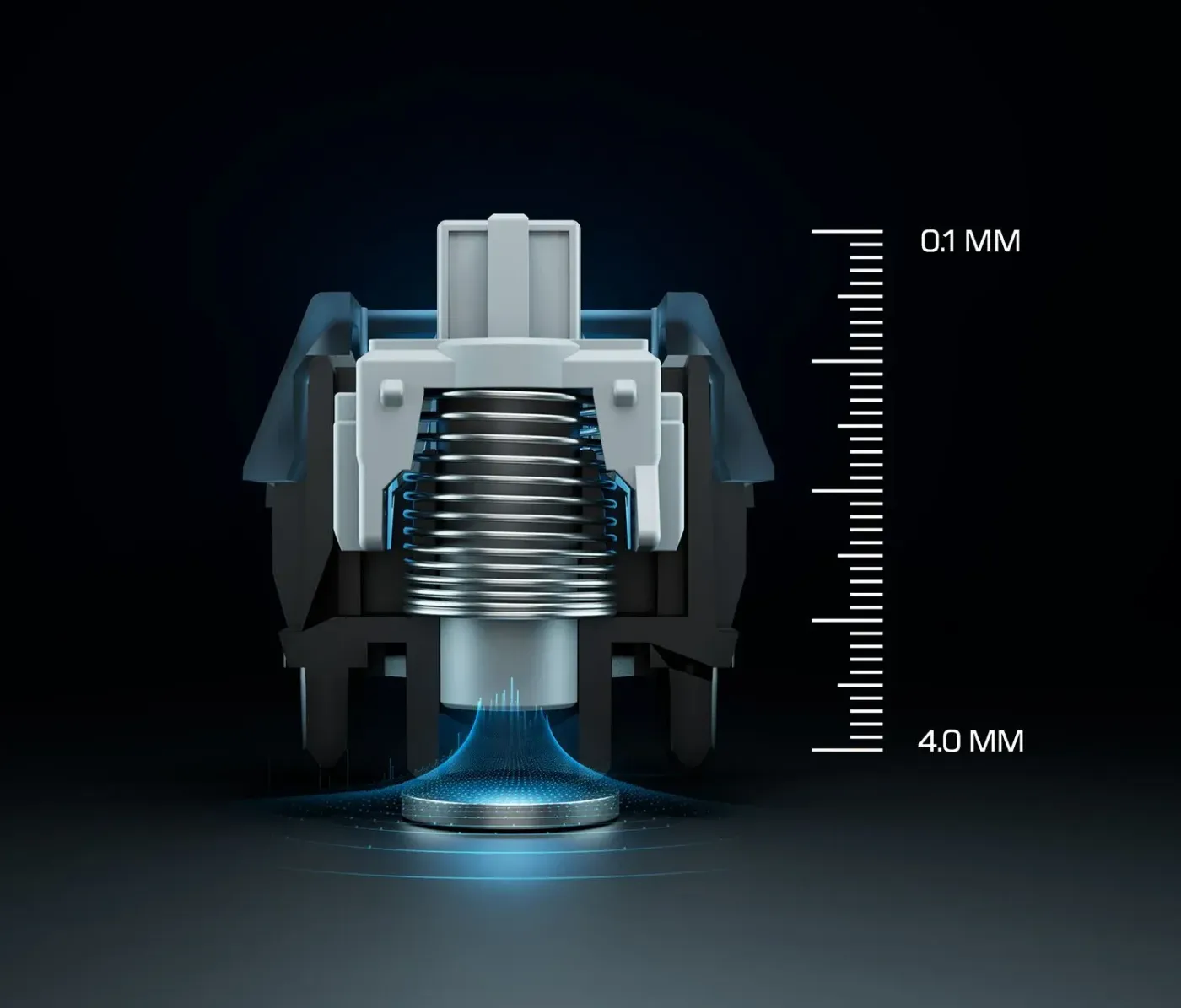 A close-up of a mechanical component with a spring, showcasing a measurement scale from 0.1 mm to 4.0 mm.