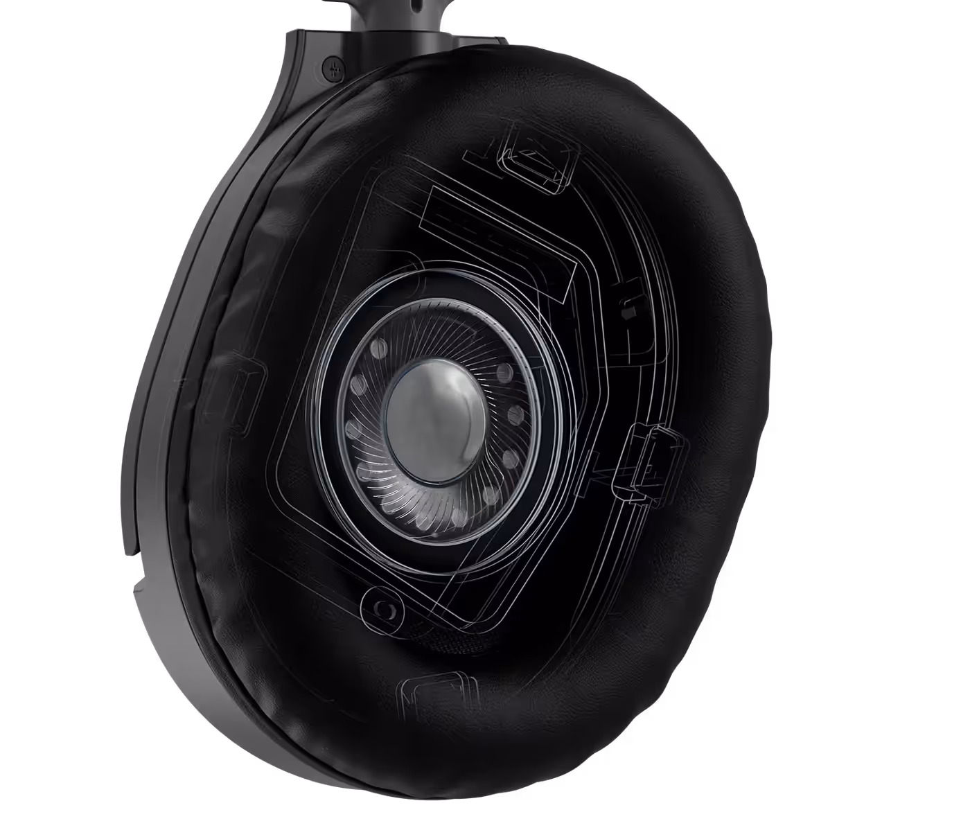 Close-up of headphone ear cup showcasing internal 40mm speaker components