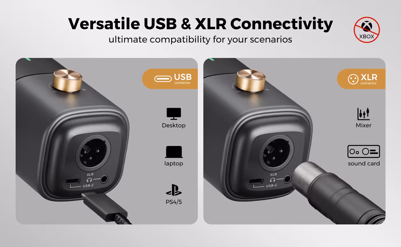 Microphone showing flexible USB and XLR connection ports for professional setups