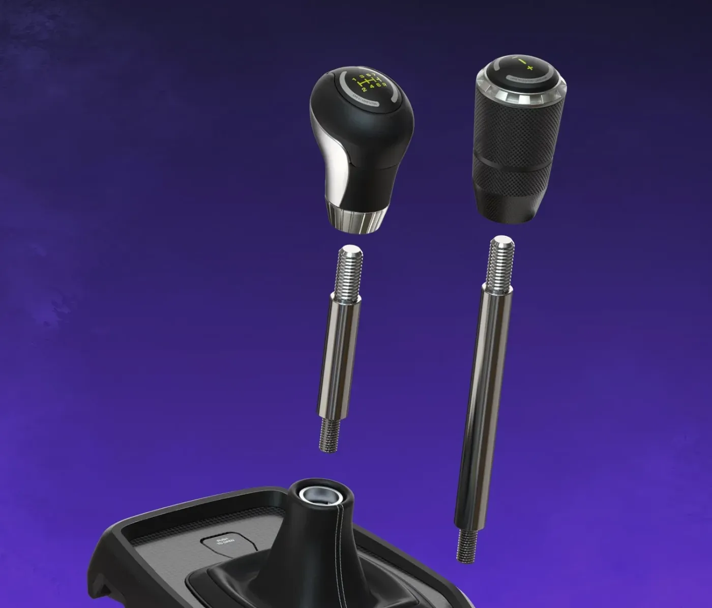 Gear shift assembly displayed with multiple interchangeable knobs and shafts