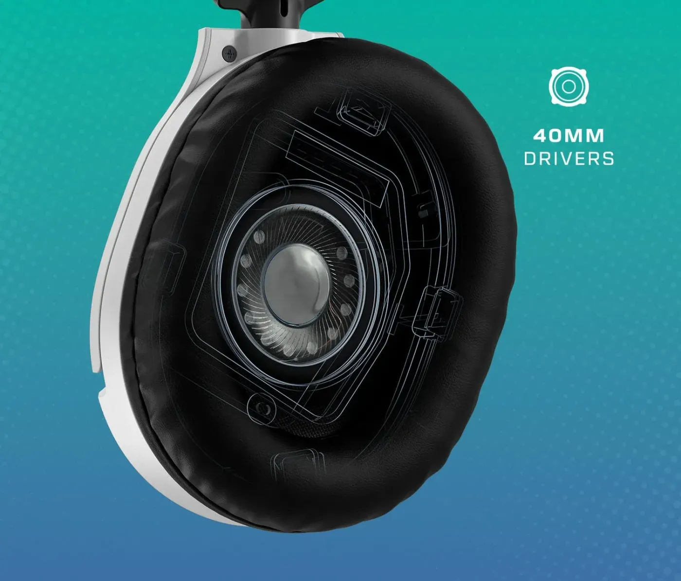 Close-up of headphone ear cup highlighting the 40mm speaker driver against a gradient blue background