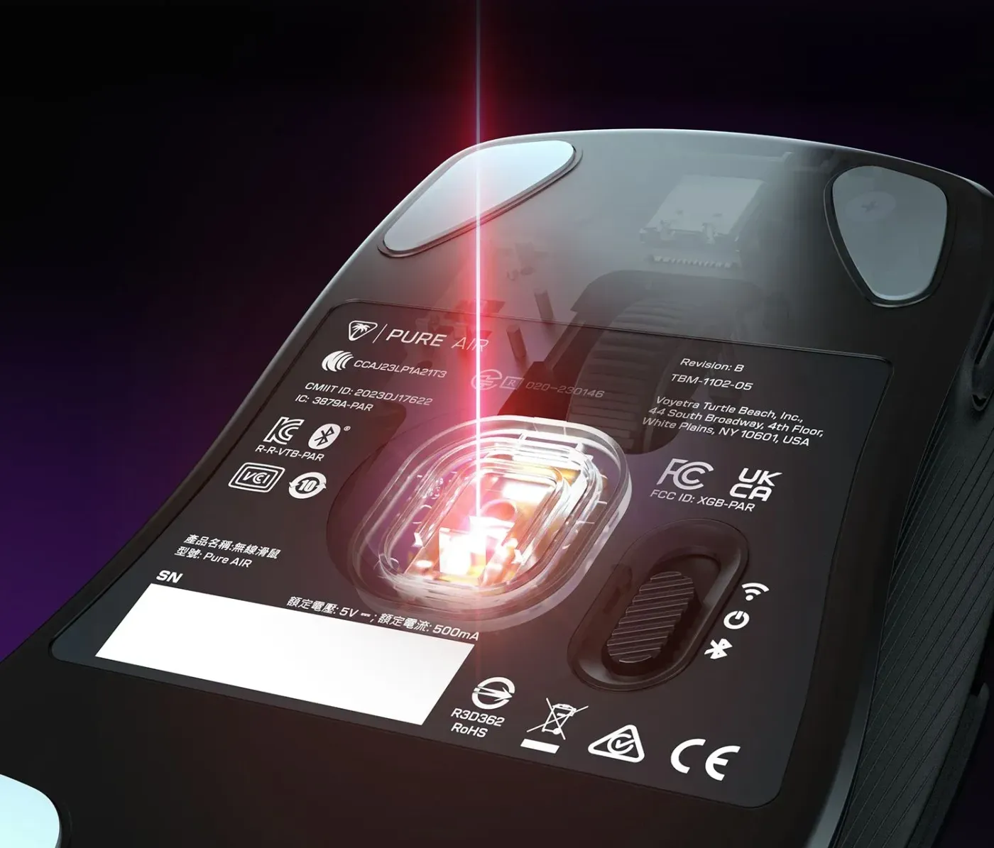 Underside detail of the Owl-Eye optical sensor with 26K DPI and hardware-based DPI controls