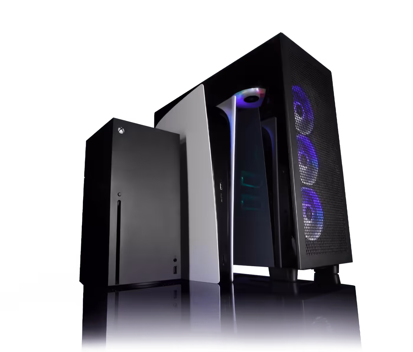 Gaming setup with Xbox console and RGB gaming PC demonstrating multiplatform headset compatibility