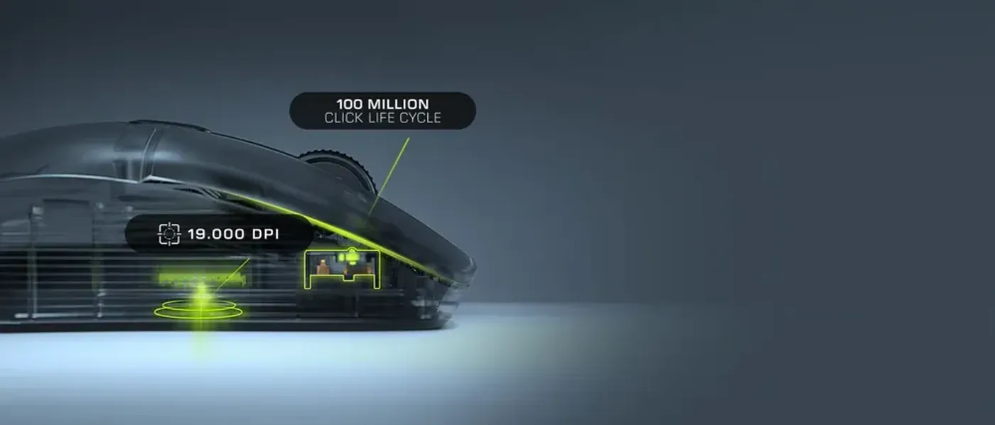 Detail view of the gaming mouse highlighting the 19,000 DPI sensor and TITAN switches