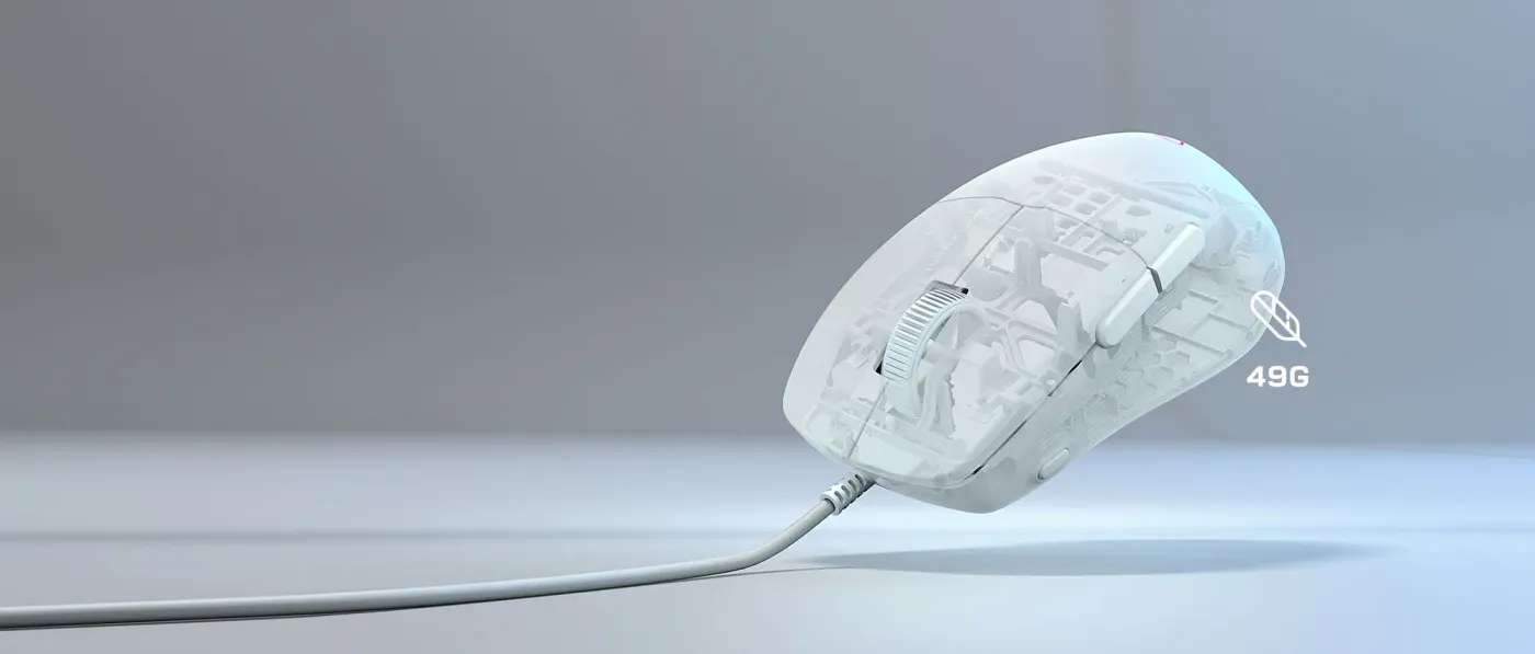 Transparent mouse casing highlighting the ultra-light 49g internal structure