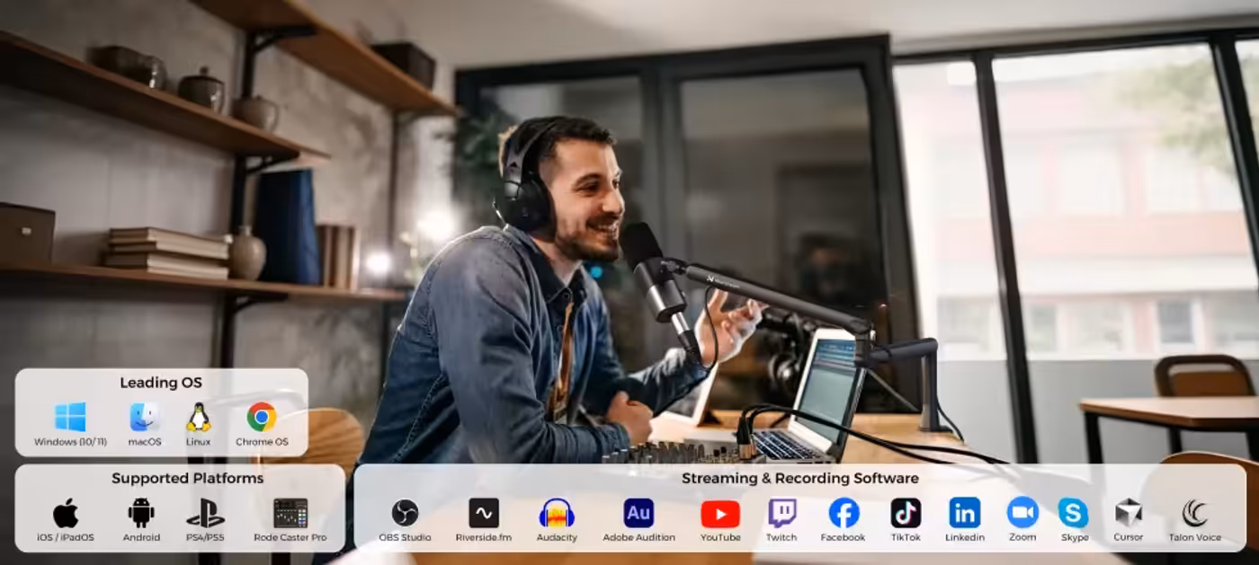 NearStream AM25X condenser microphone demonstrating universal plug-and-play compatibility with streaming software