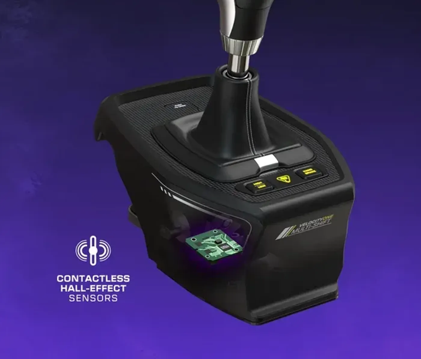 Internal detail view of the gear shifter showing the contactless Hall-effect sensor technology
