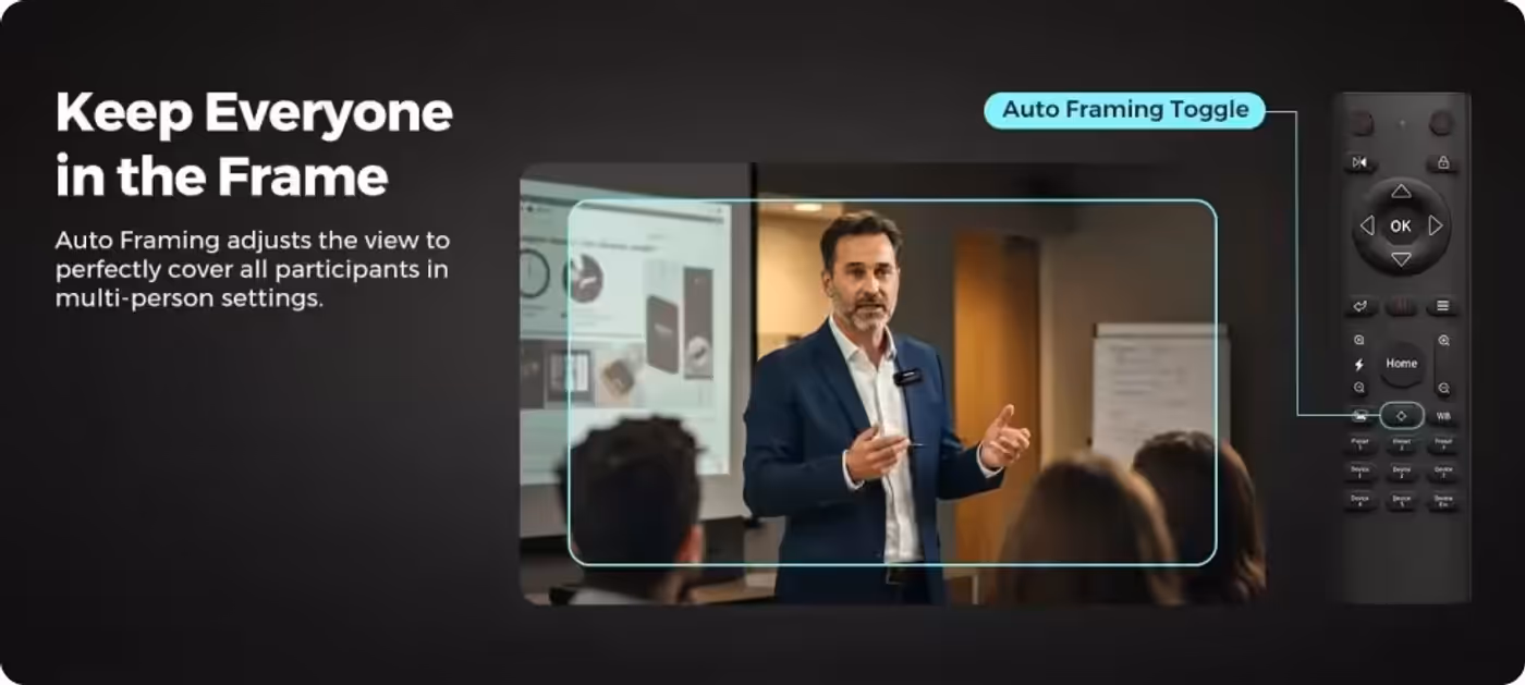 NearStream VM20 live streaming camera using auto framing to keep participants in view