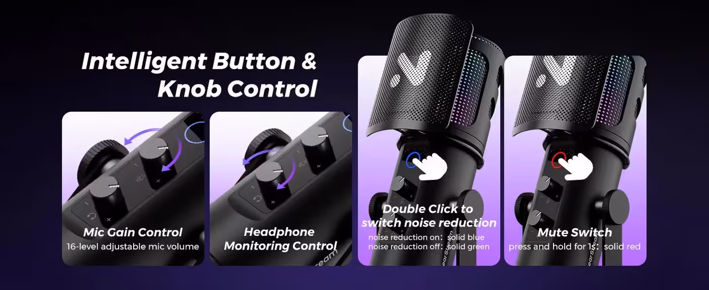 Gain and volume control dial on the body of the AM30U microphone