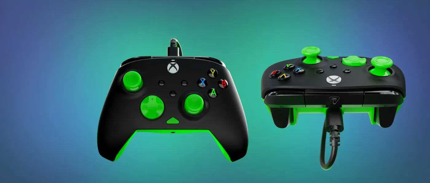 Two gaming controllers displaying USB-C wired connection and design features