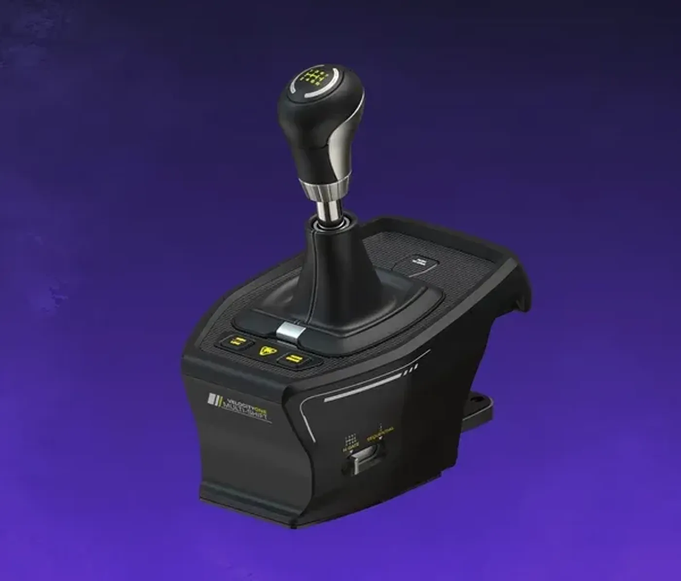 Close-up of a professional black gear shifter with metallic accents and integrated buttons
