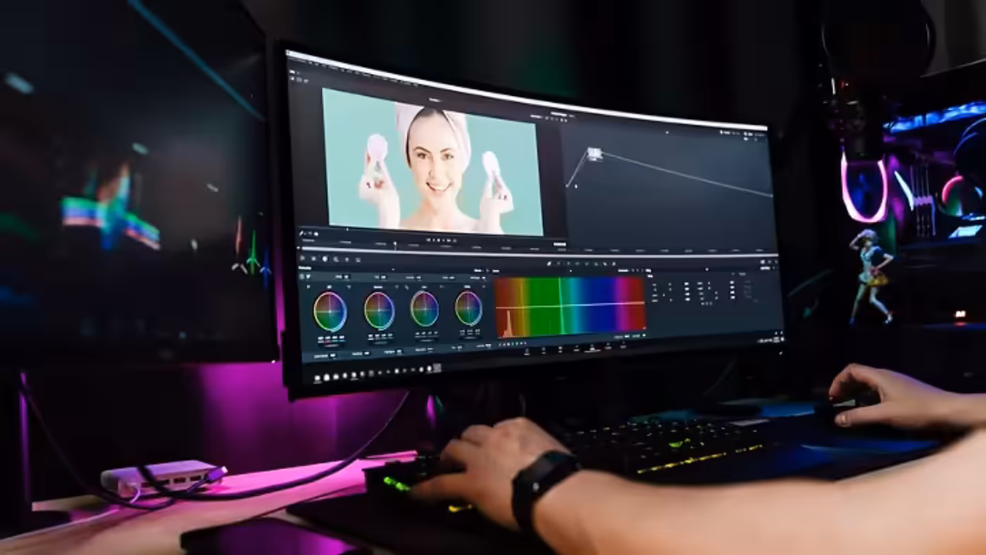 Motion designer editing high-quality video content with AI-assisted tools