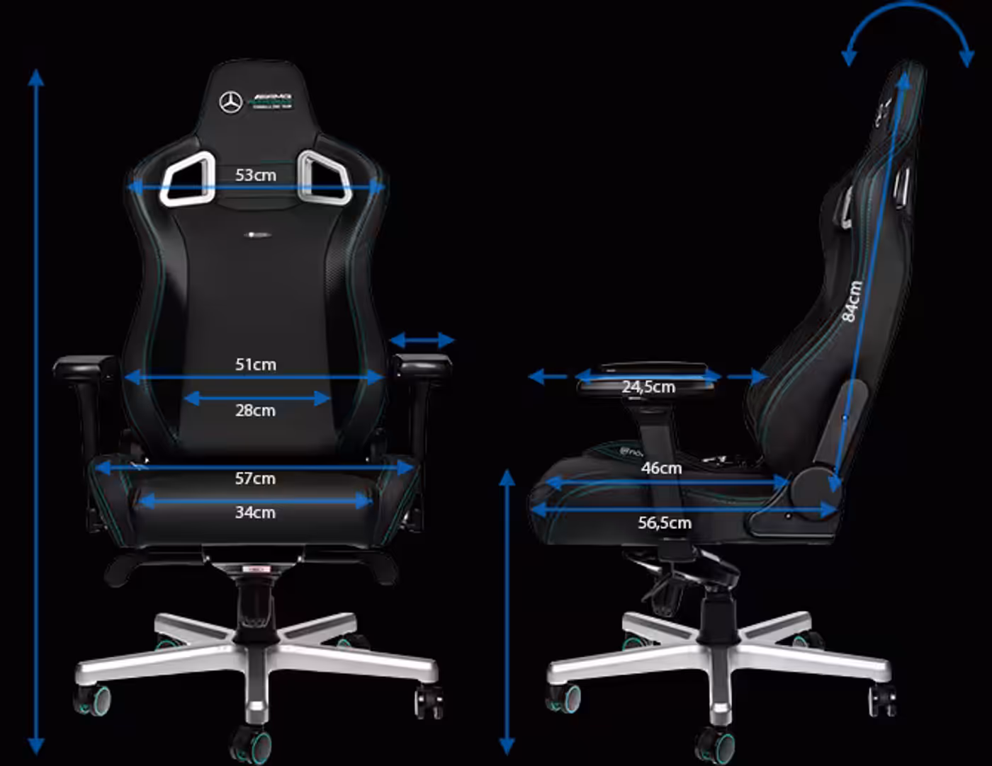 Ergonomic adjustment features including 4D armrests and lumbar support