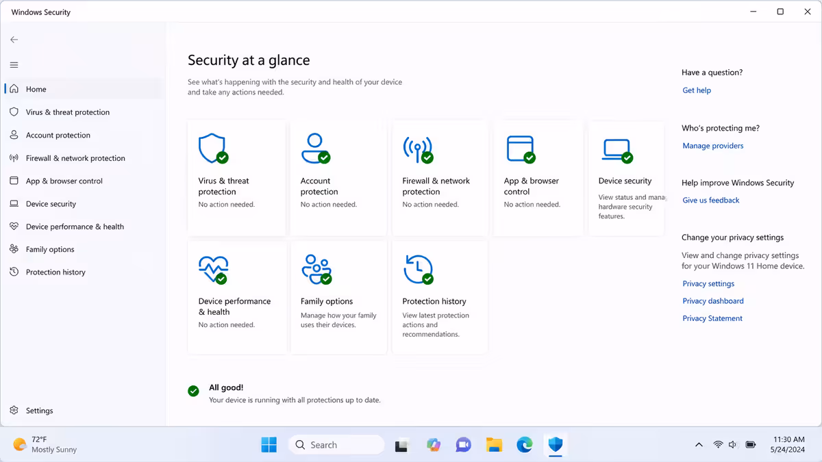 Windows Security dashboard