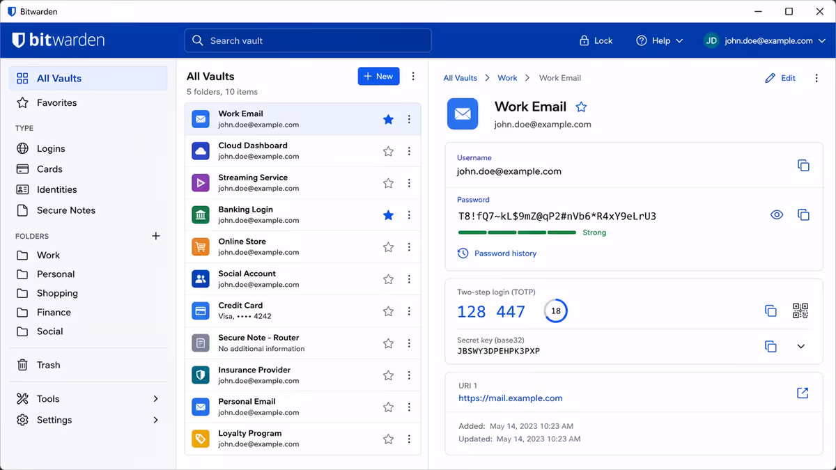 Bitwarden vault interface
