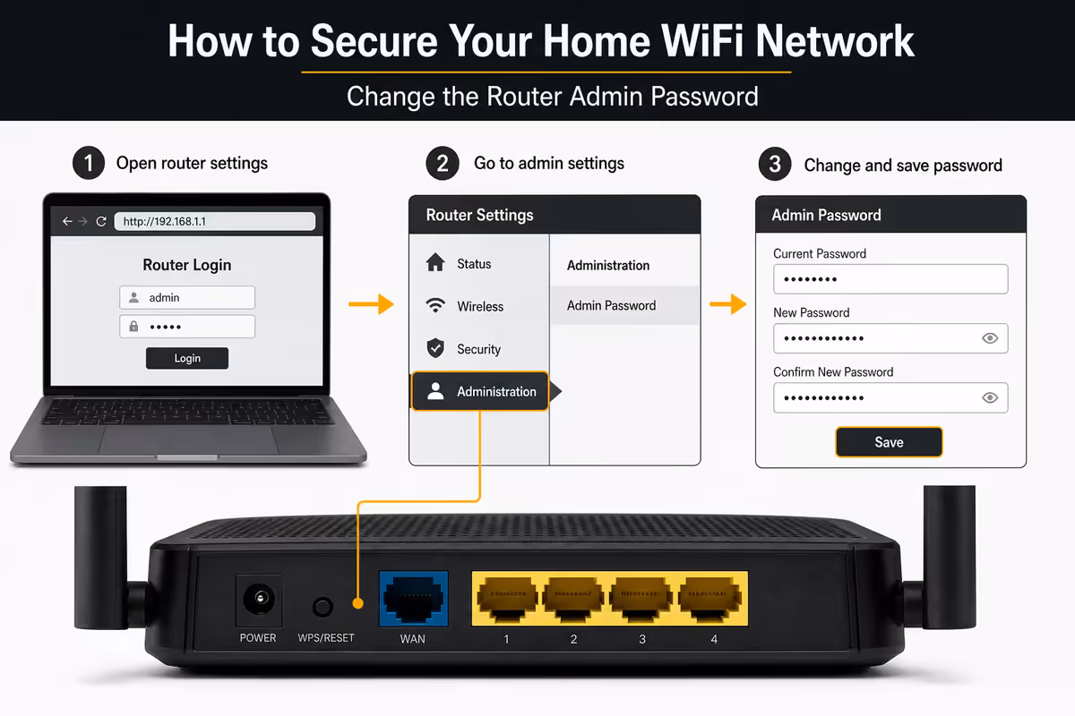 Change the router admin password (first 5 minutes)