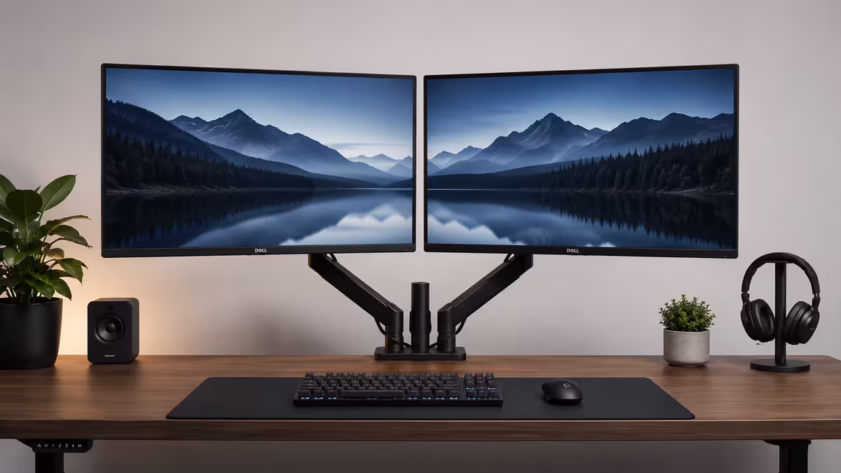 Matched 27" dual monitor setup on arms