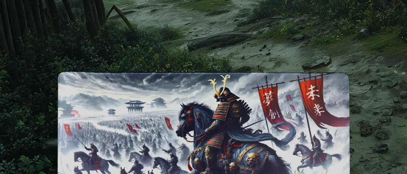 Shogun mousepad artwork in misty grey and crimson tones on a dark desk