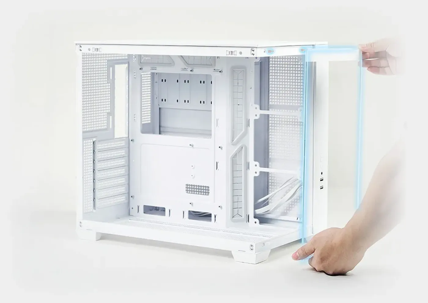 A person holds a translucent panel highlighted by blue lights, attaching it to a white A32 PLUS case, which is open and empty