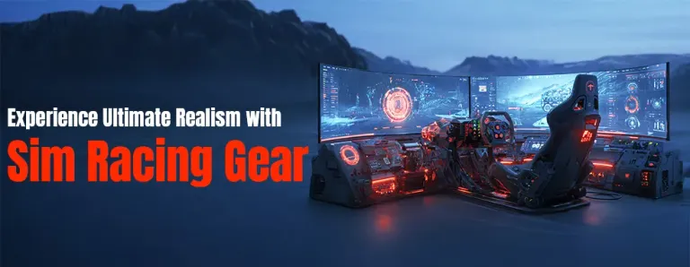 Sim racing setup with racing wheel, pedals and cockpit