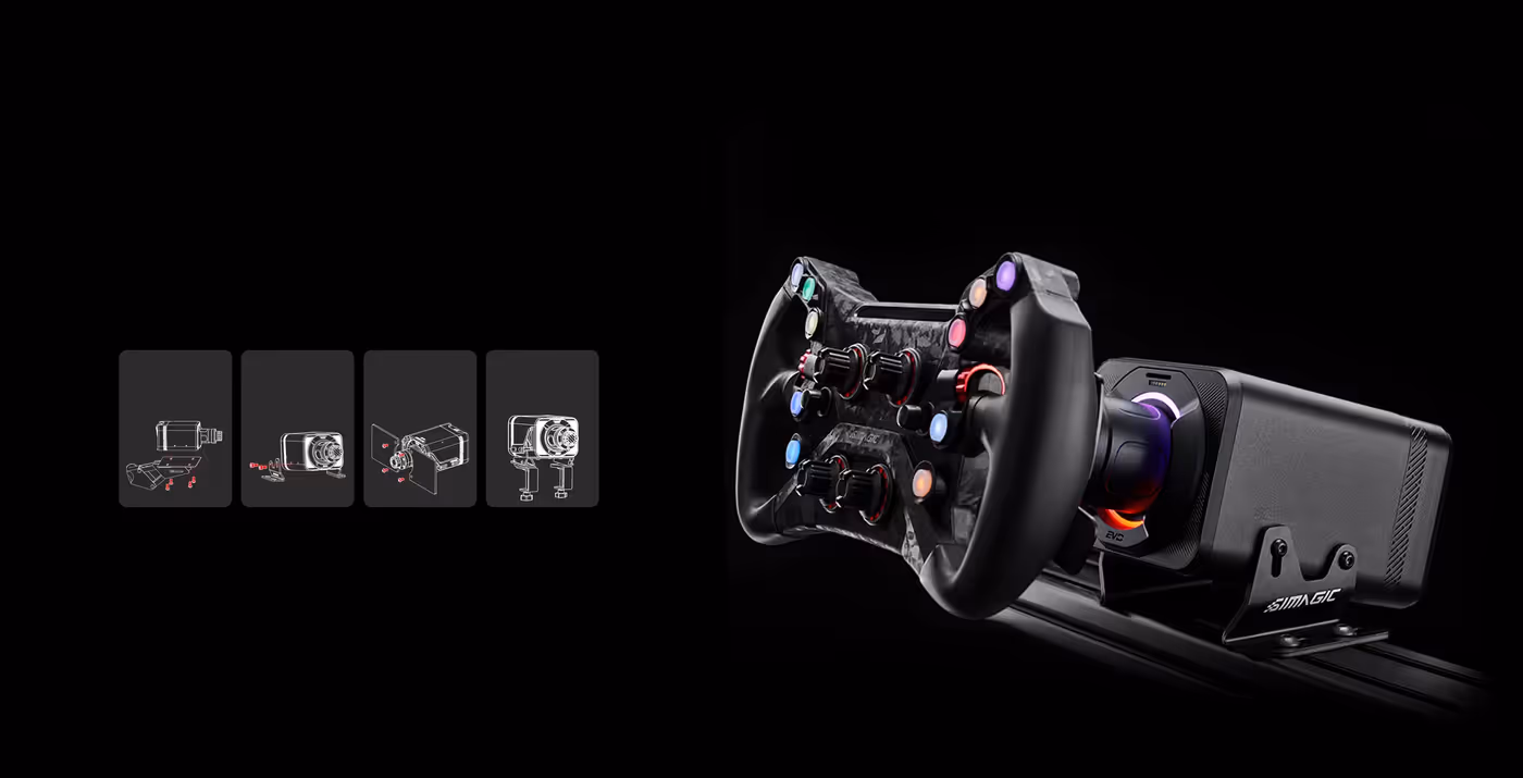 Simagic wheelbase displaying multiple installation configurations including bottom, side, front, and desk mounts