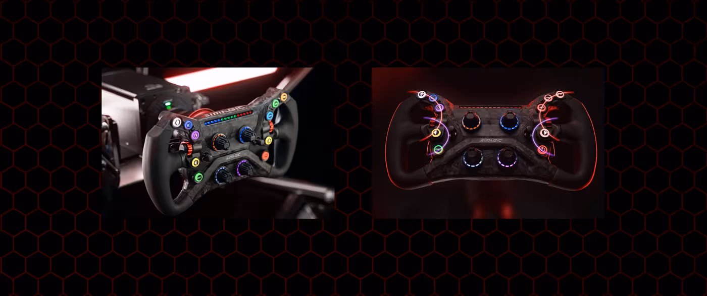 Simagic steering wheel showcasing TPE grips and smart ergonomic button controls