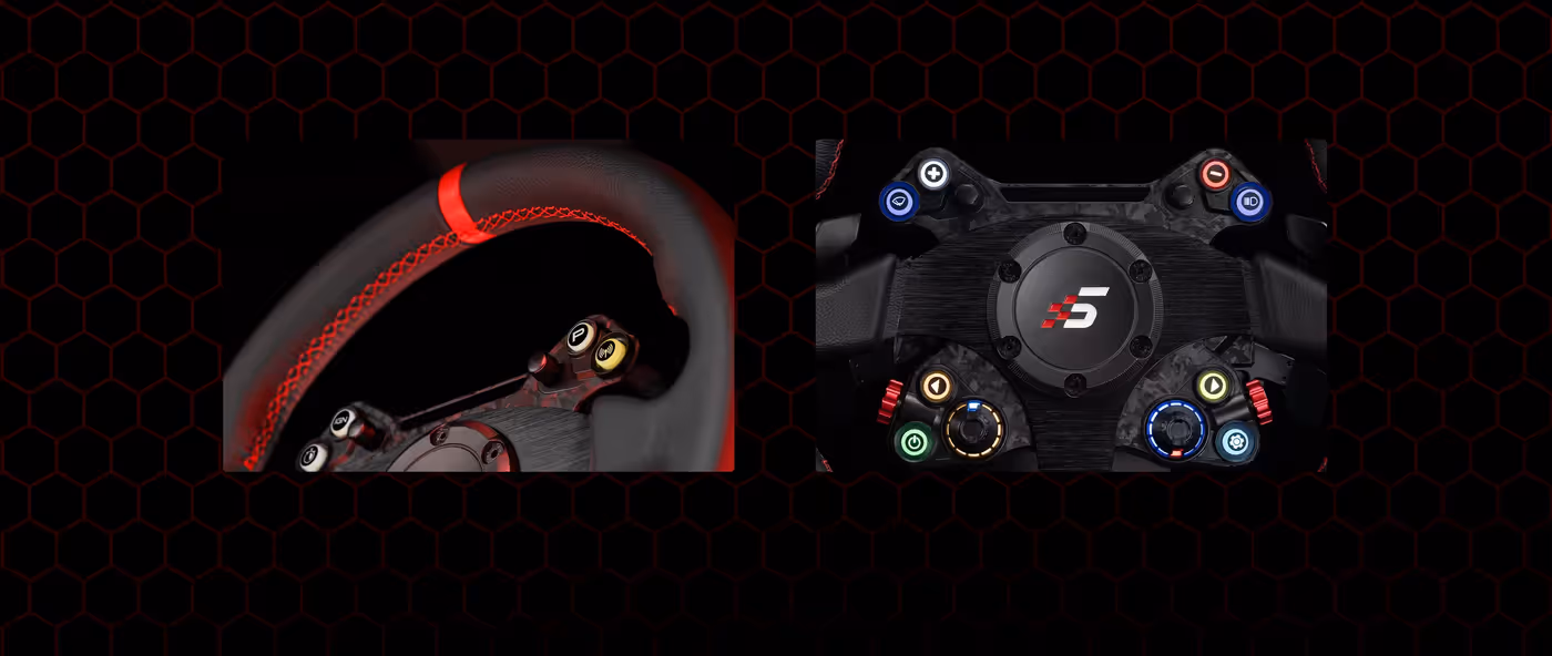 Leather-wrapped pro performance wheel with red ring detailing and RGB lighting