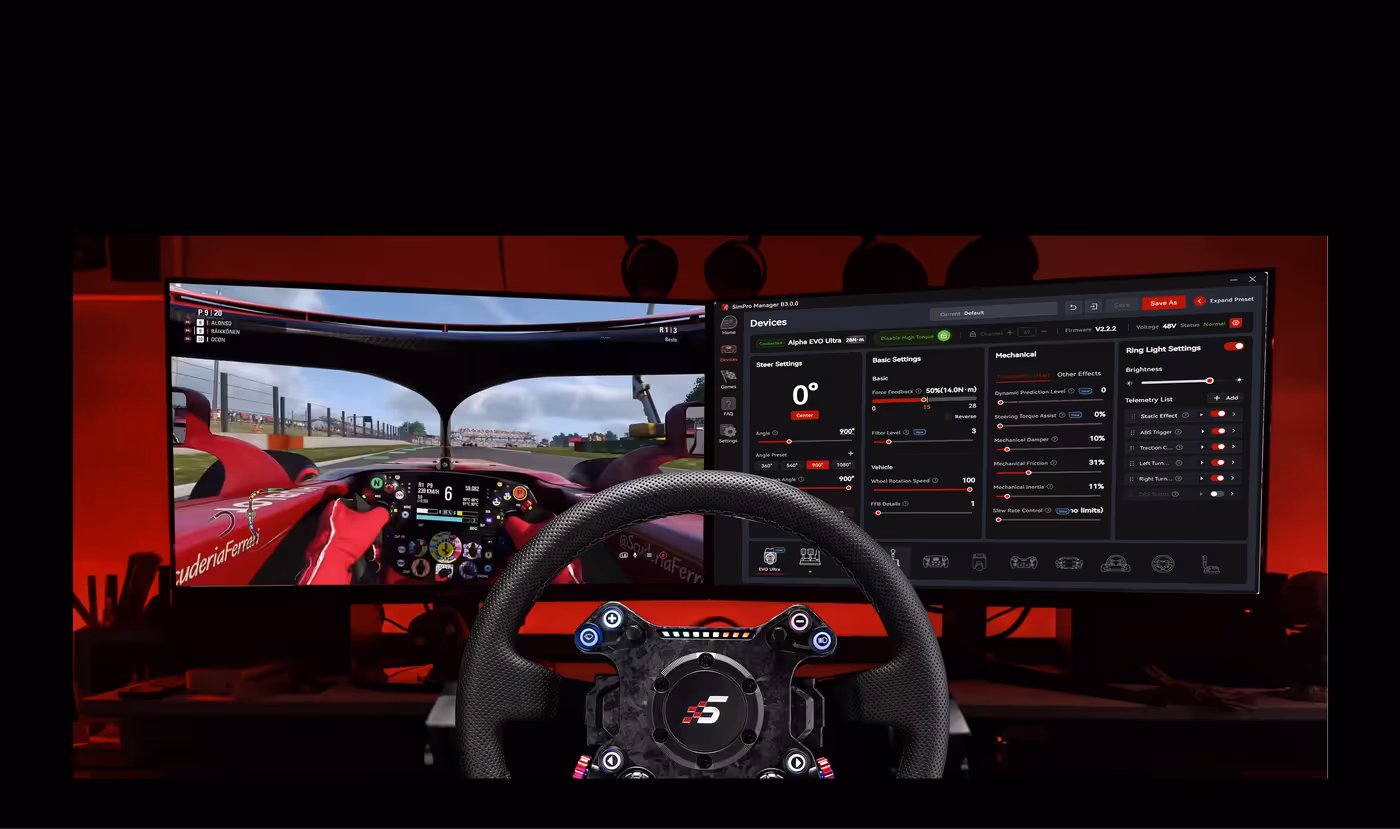SimPro Manager dashboard interface showing customizable force feedback and pedal tuning settings