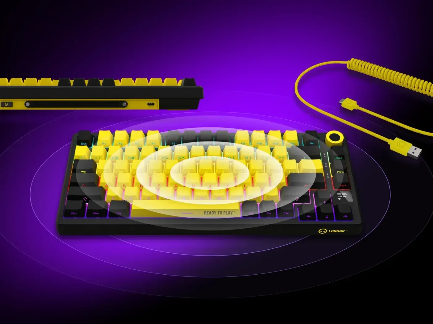 Wireless keyboard with dual connectivity and yellow coiled USB cable