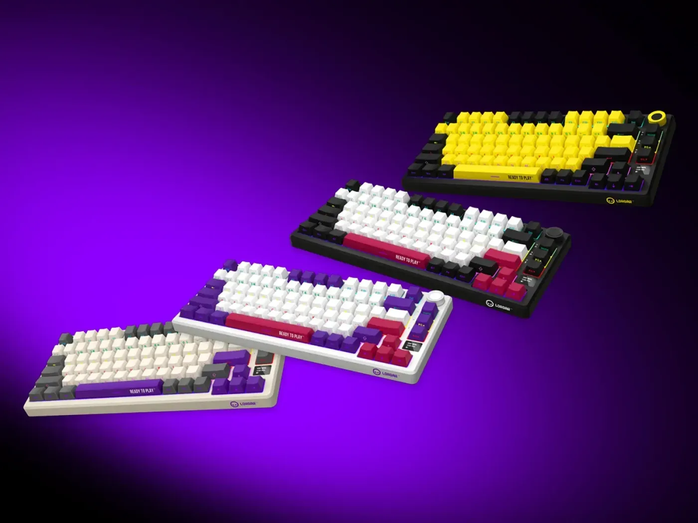 Four color variants of KBP7075W keyboard including red, yellow, white, and beige