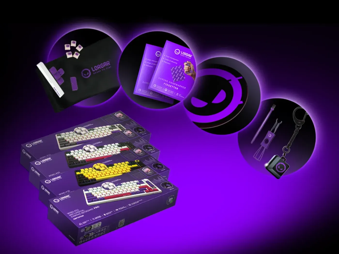 Complete accessory bundle including switch puller, keycaps, and carrying bag