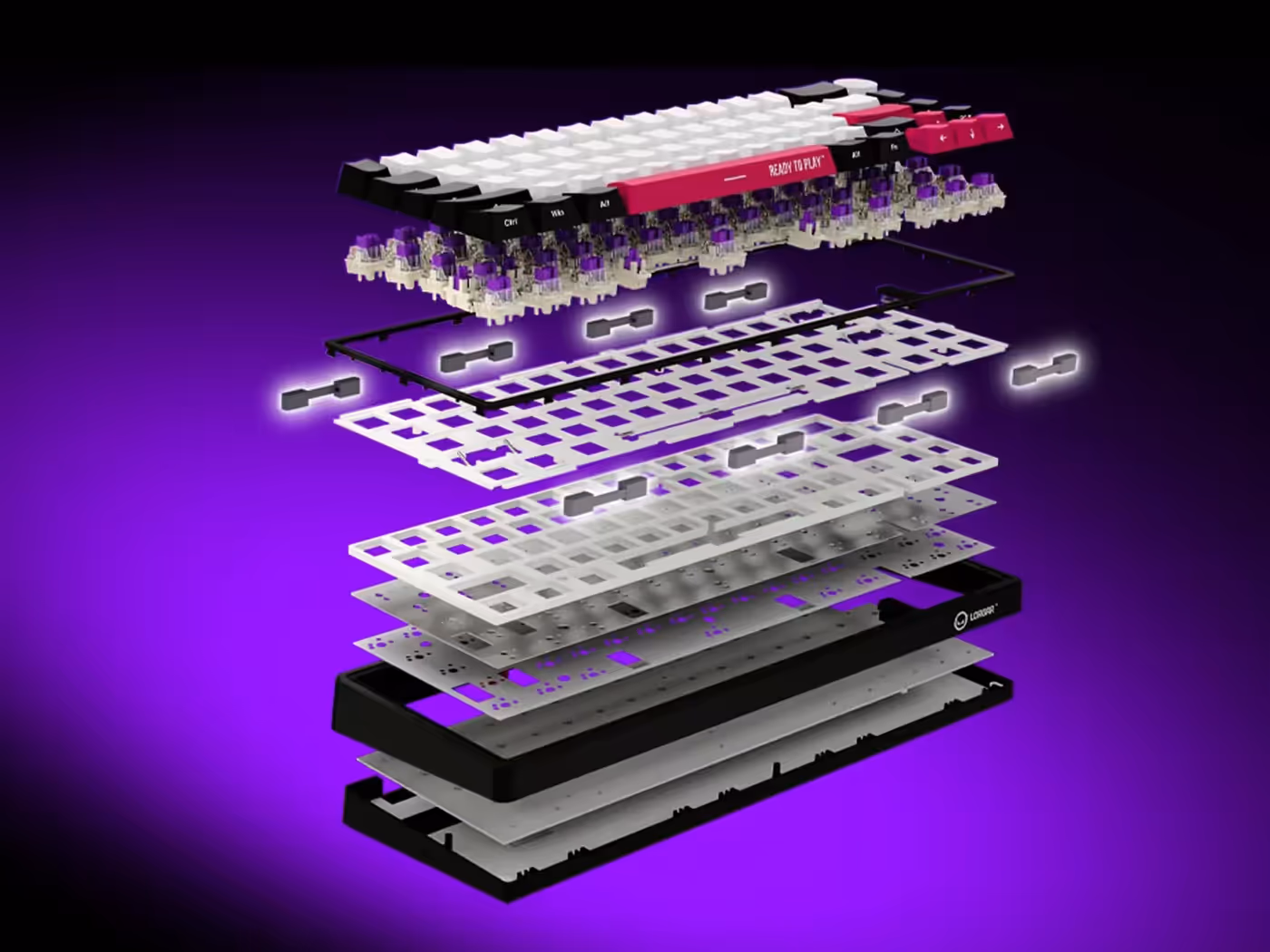 Internal gasket mount layers of the keyboard