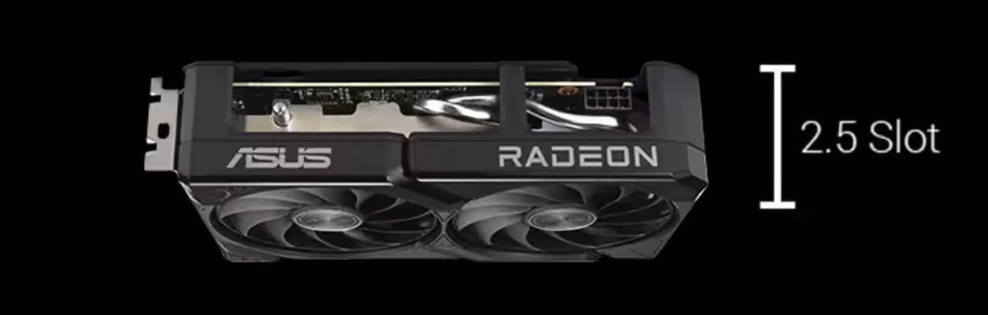 Angled top down view of the card ASUS Dual Radeon™ RX 9060 graphics card
