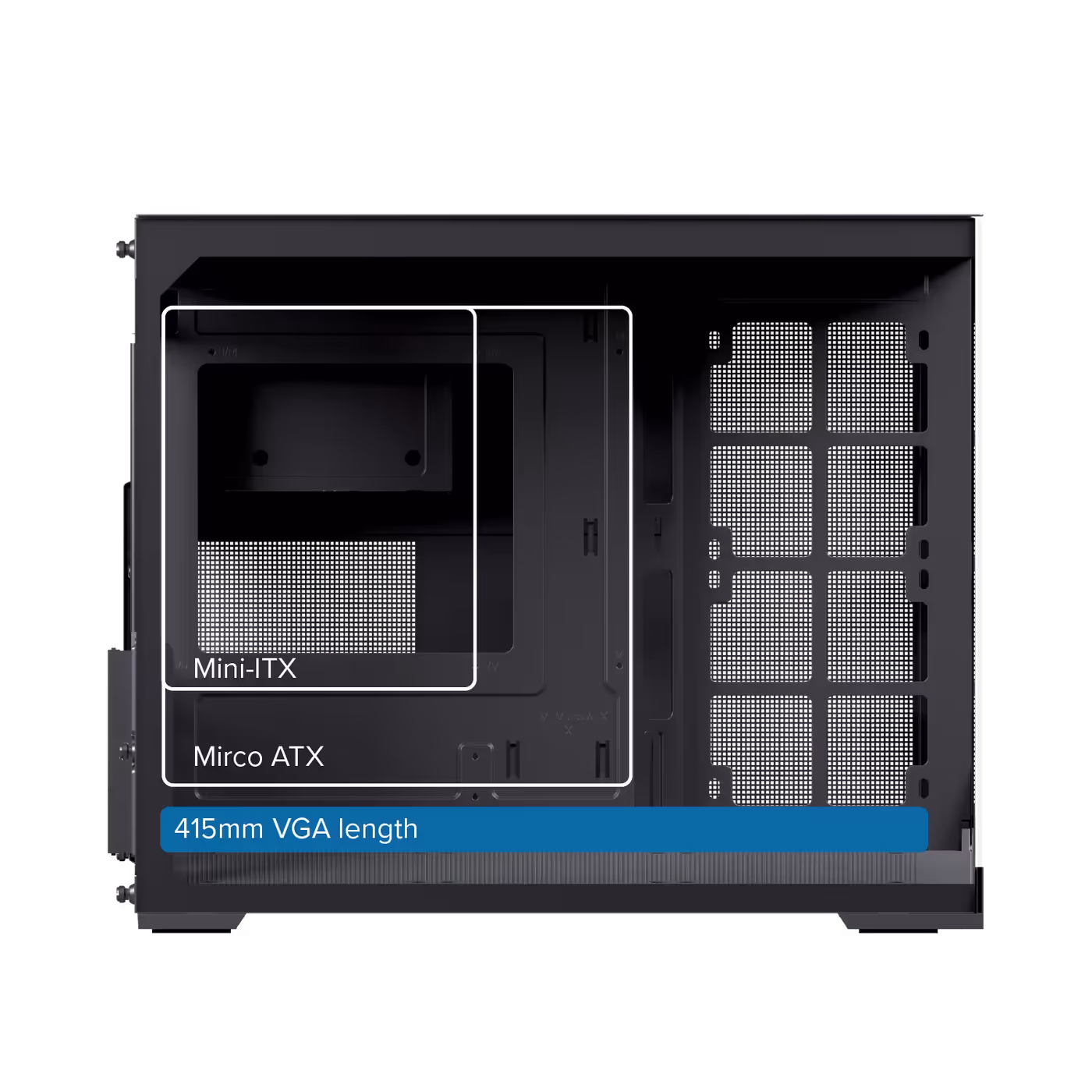Diagram showing SM300 internal hardware compatibility for motherboards, GPUs, and power supplies