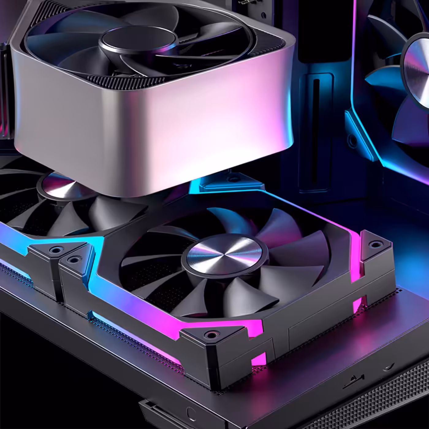 Angled fan platform directing cooling air toward the graphics card