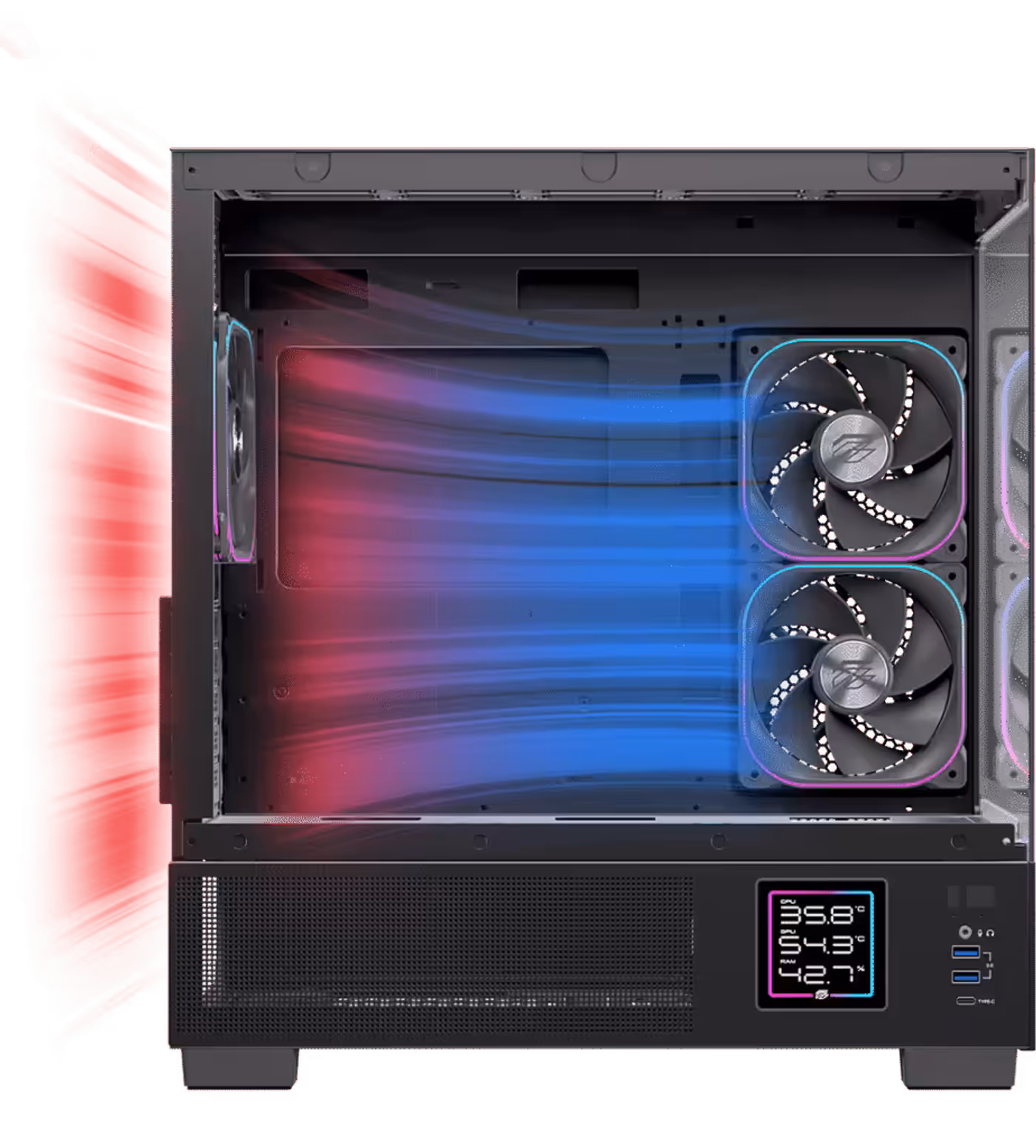 Illustration showing airflow channels and fan placement inside the PRISMA SM501D case