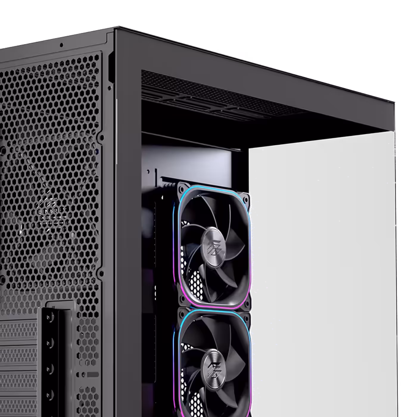 Tempered glass side panel removed to show interior of the PRISMA SM501D case