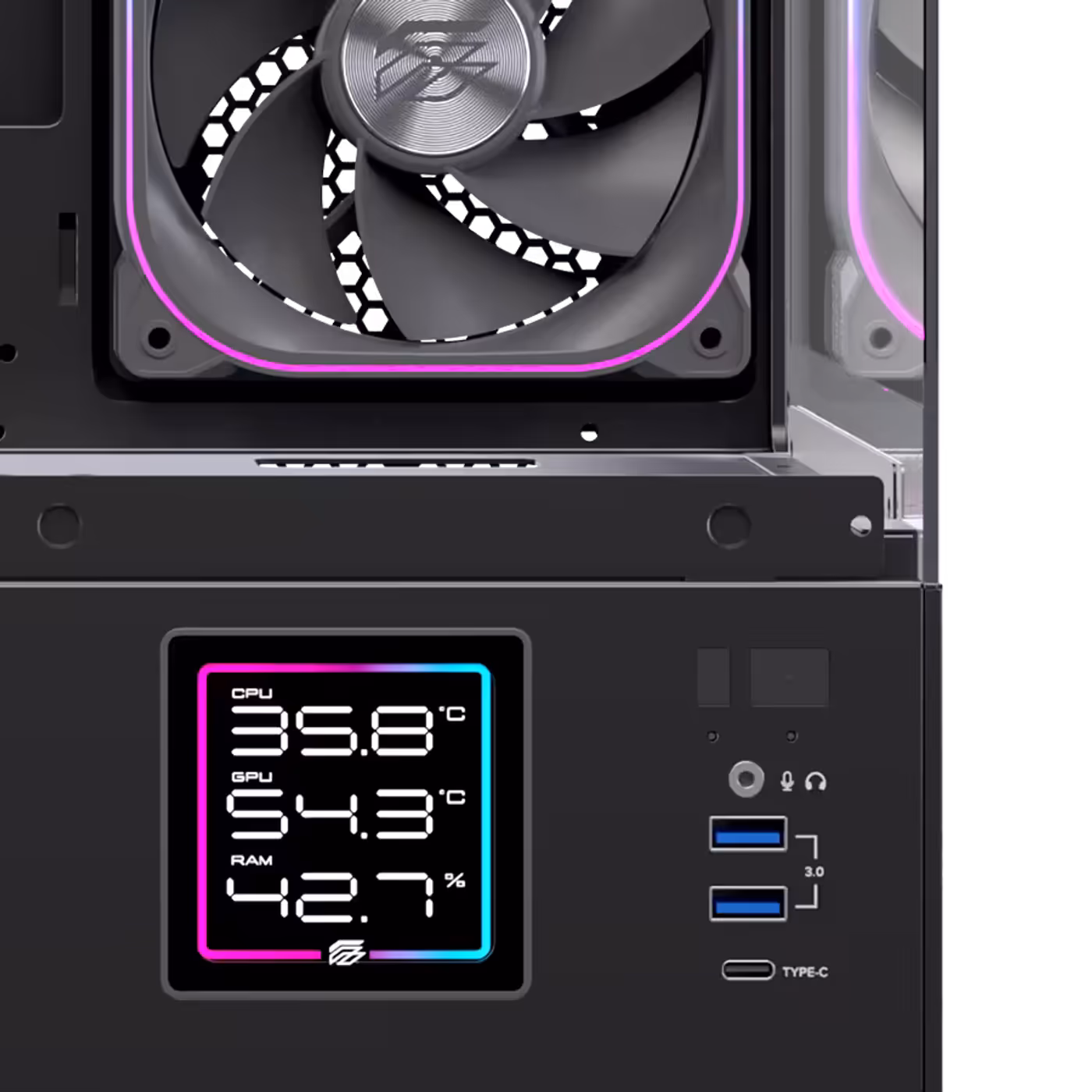 Close-up of the PRISMA SM501D side display showing system performance metrics