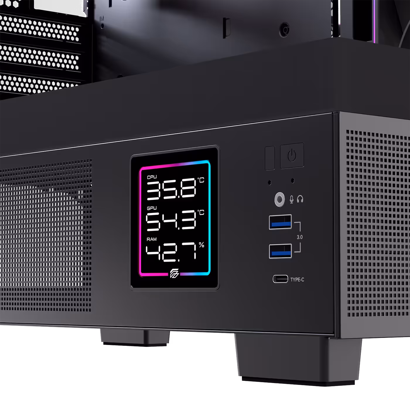 Detailed view of the PRISMA SM501D front I/O panel with USB-C, USB 3.0, and audio ports