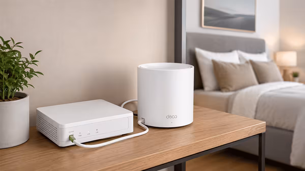 TP-Link Deco mesh node next to ONT