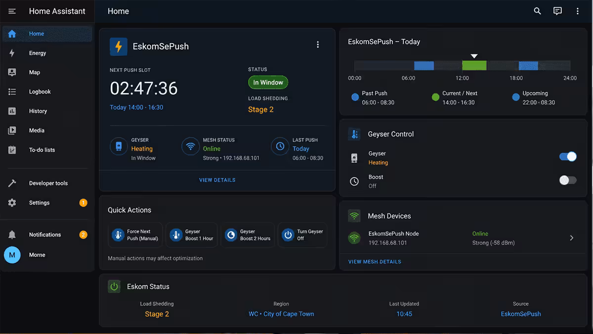 HomeAssistant dashboard with EskomSePush card