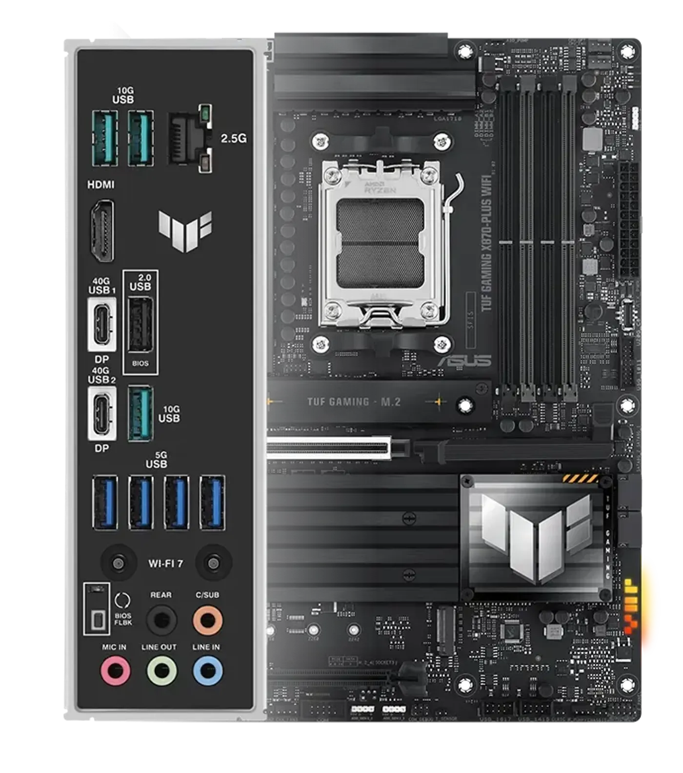 TUF Gaming motherboard front view, with Aura lighting, and I/O shield