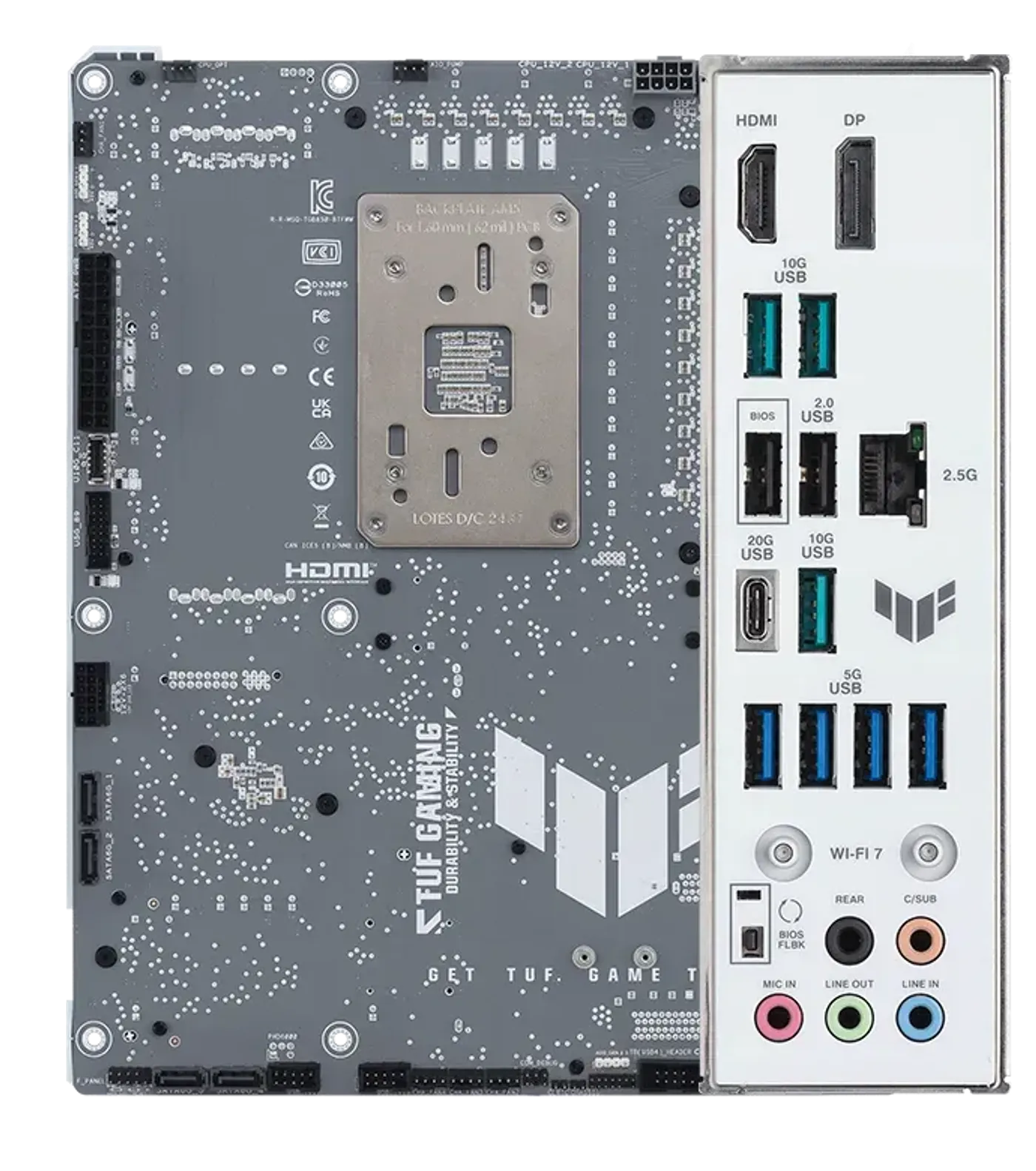 TUF Gaming motherboard front view, with Aura lighting, and I/O shield