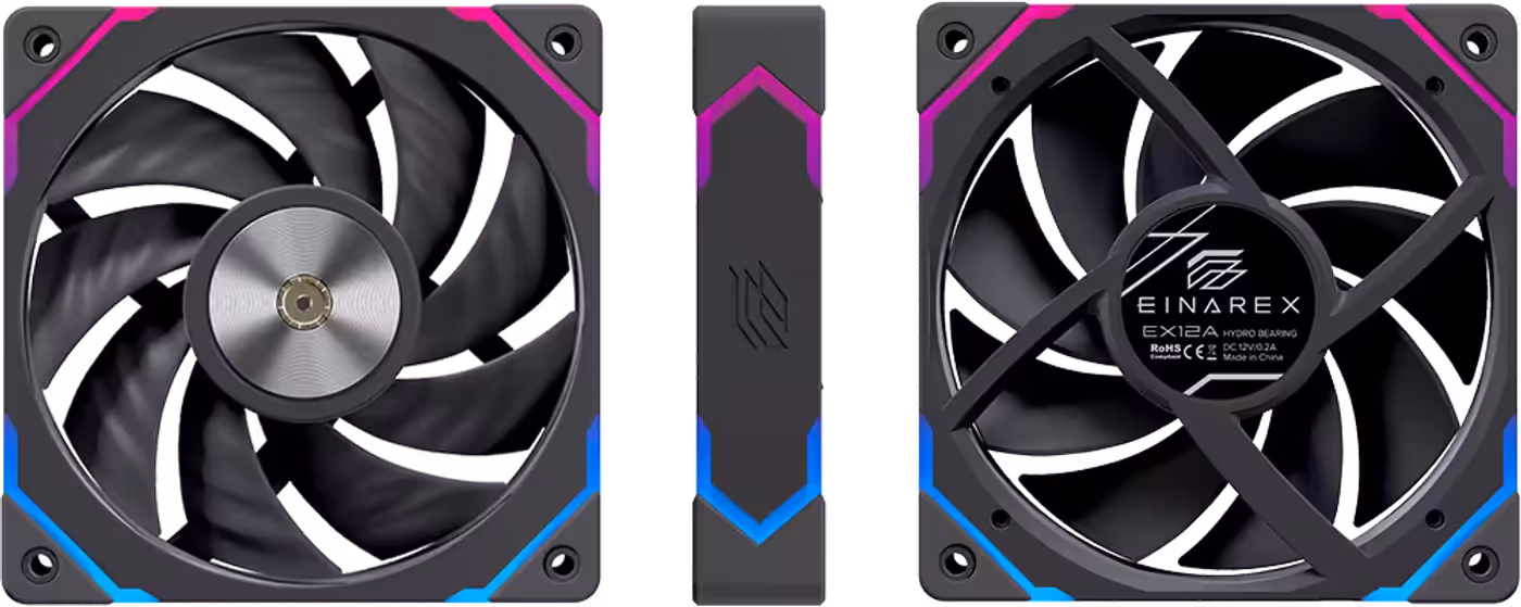 Black EX12A model displaying technical dimensions and structural airflow specifications