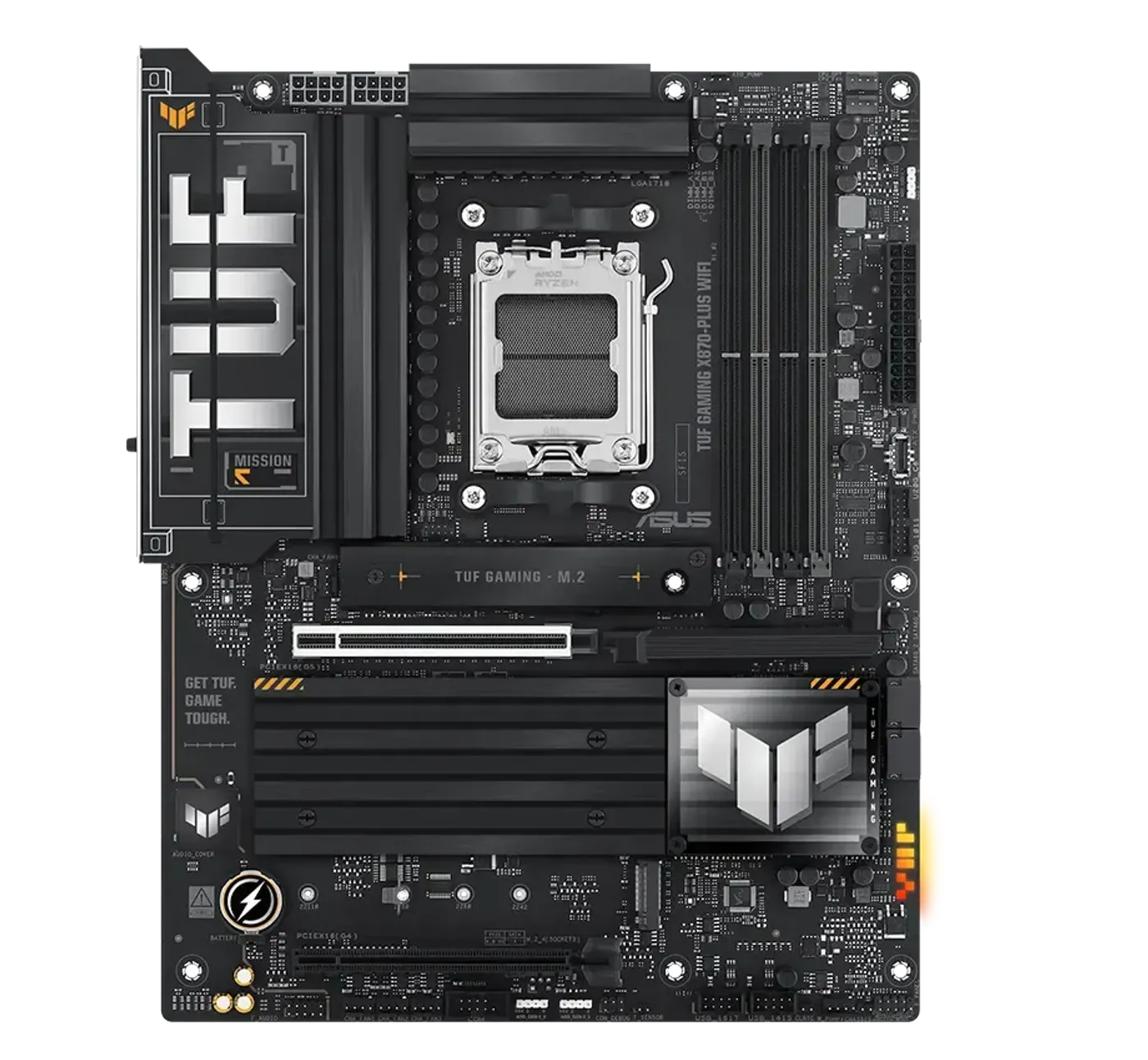 TUF Gaming motherboard front view, with Aura lighting