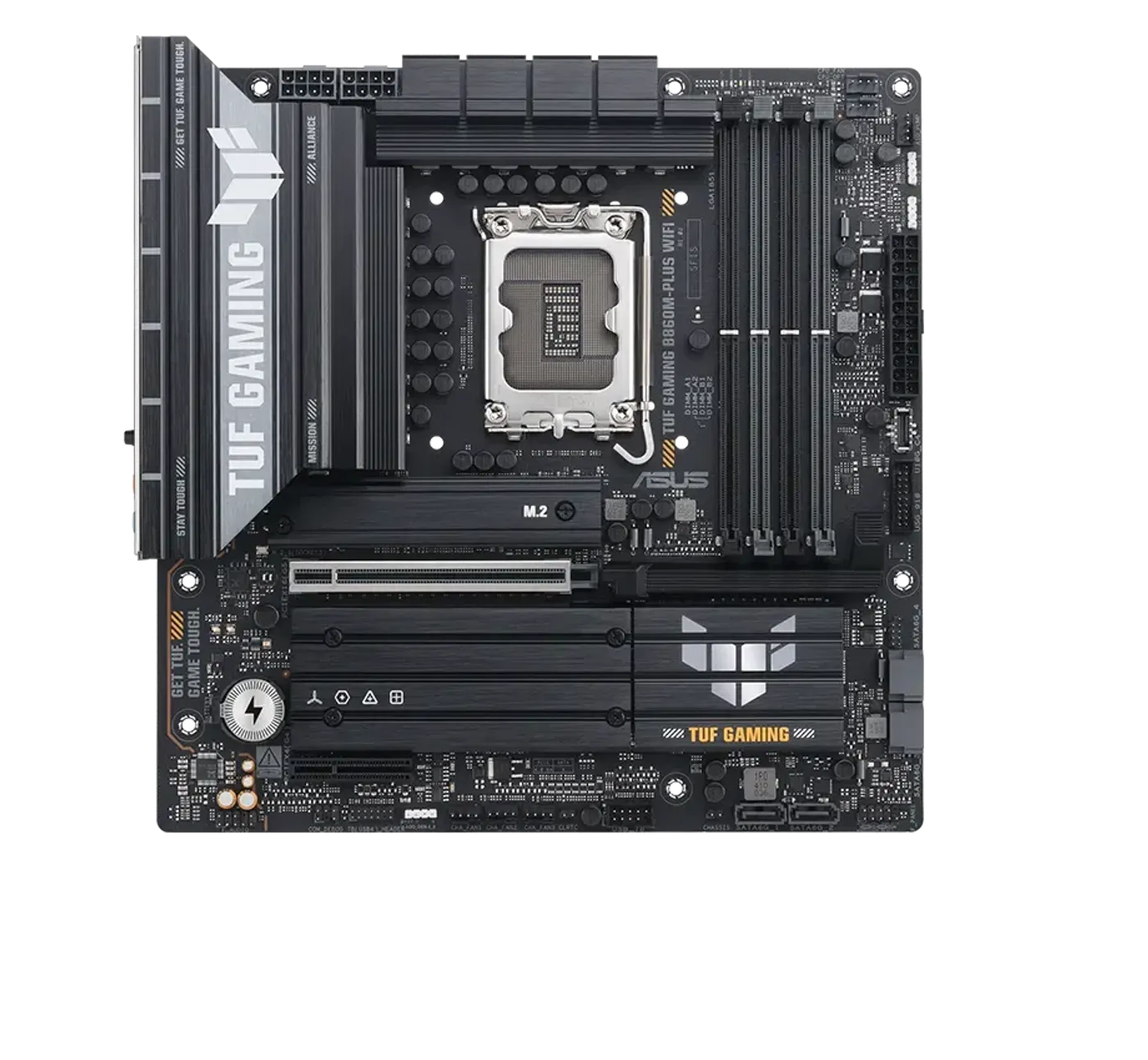 TUF Gaming motherboard front view, with Aura lighting
