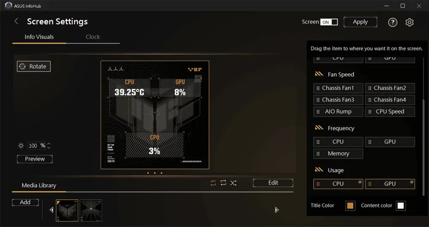 ASUS InfoHub interface displaying custom content and settings