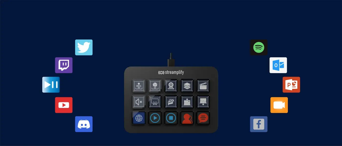 Streamplify Streaming Deck One showing integrated support for OBS, Twitch, and YouTube platforms